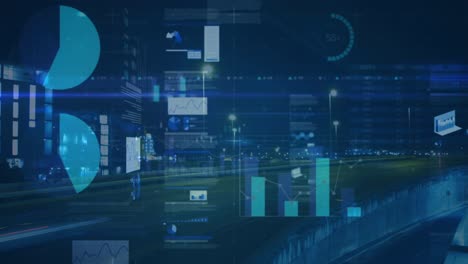 animación de estadísticas y procesamiento de datos financieros sobre el paisaje urbano