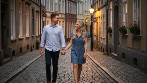 a couple walking hand-in-hand down a cobblestone street in an old european town