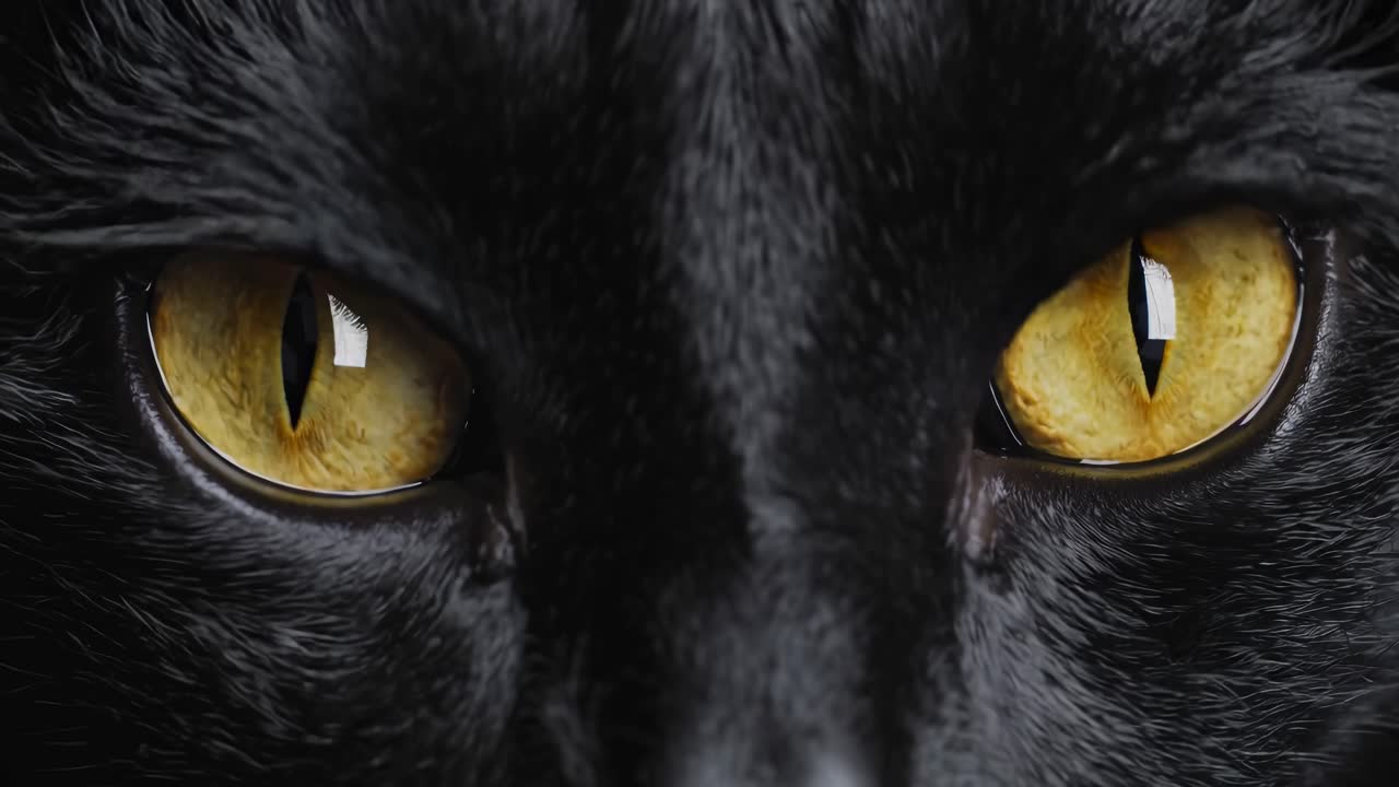 The video captures a mysterious and intense close-up of a black cat's eyes, highlighting its golden