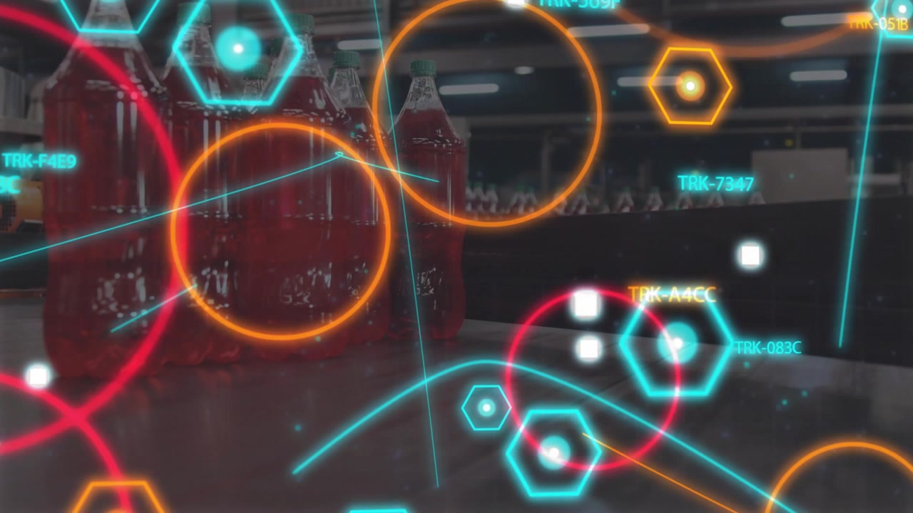 Cam shifting right starting AR HUD tracking red bottles, lines sweeping, hexagons pulsing for stock