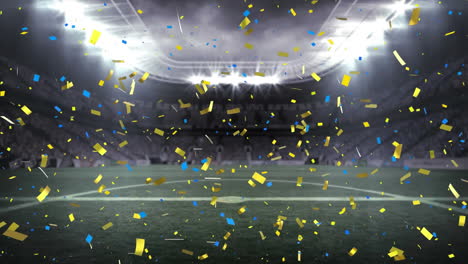 animation of yellow and blue confetti falling against sports stadium