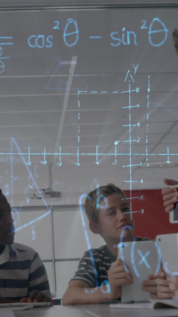 Animation of math formulas moving over diverse male teacher and pupils working on laptop
