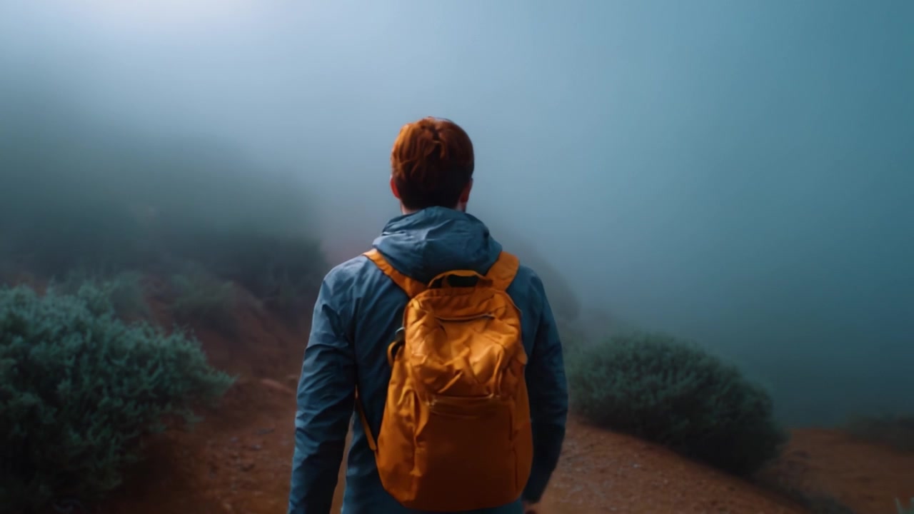 A solitary figure navigates a foggy path, embodying adventure and introspection while surrounded by muted colors and nature's tranquility.