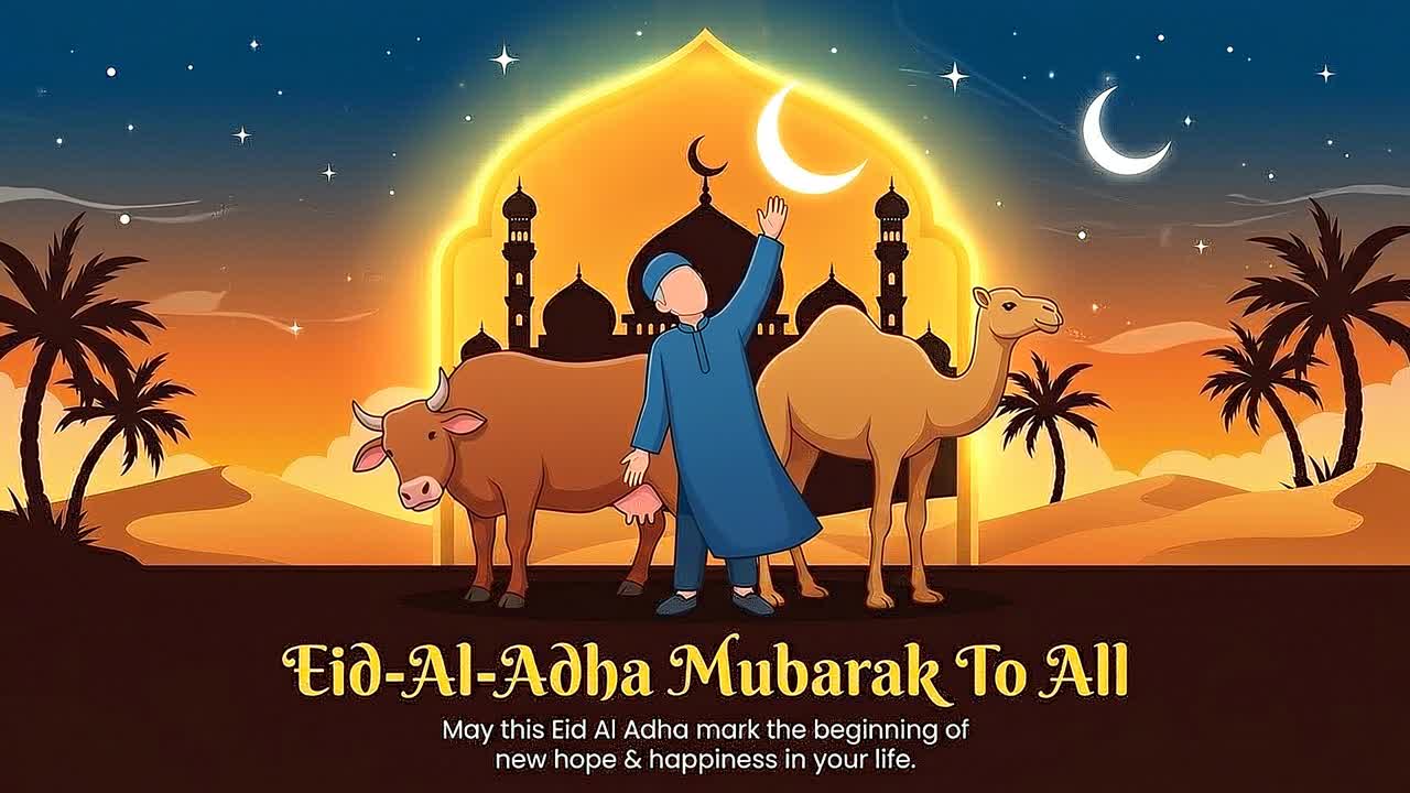 Banner animato per la celebrazione dell'Eid Al Adha con ragazzo musulmano, mucca, cammello, sagoma di moschea e sfondo di tramonto nel deserto