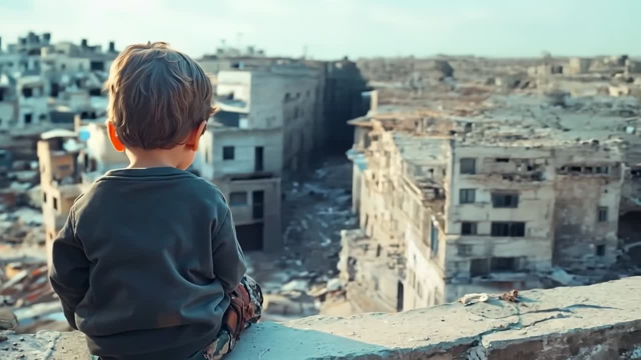 Un ragazzino seduto in cima a un edificio che osserva una città