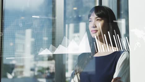 animation of statistical data processing against biracial woman looking out of window at office