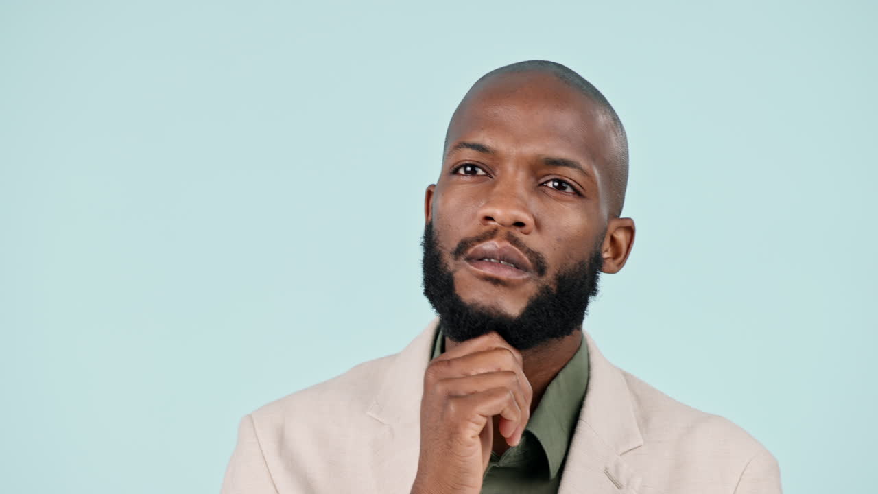Thinking, face and business man in studio confused