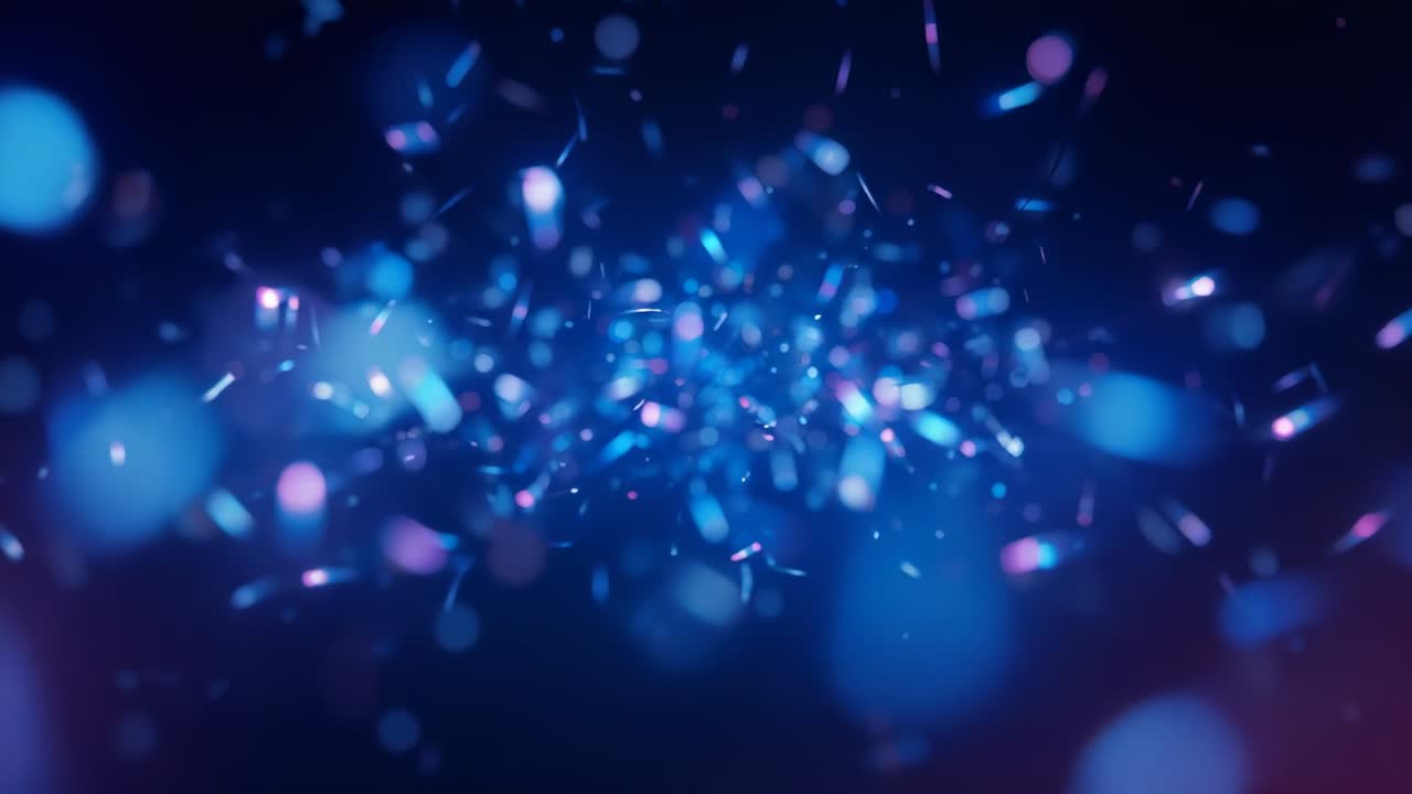 Materializing glowing blue and pink particles clustering inward and expanding outward in dark void