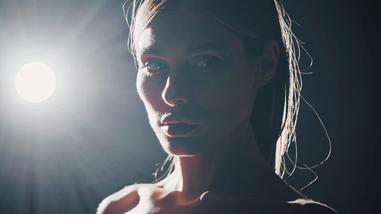 Dramatic portrait video with low-angle lighting, capturing a woman's silhouette against a bright