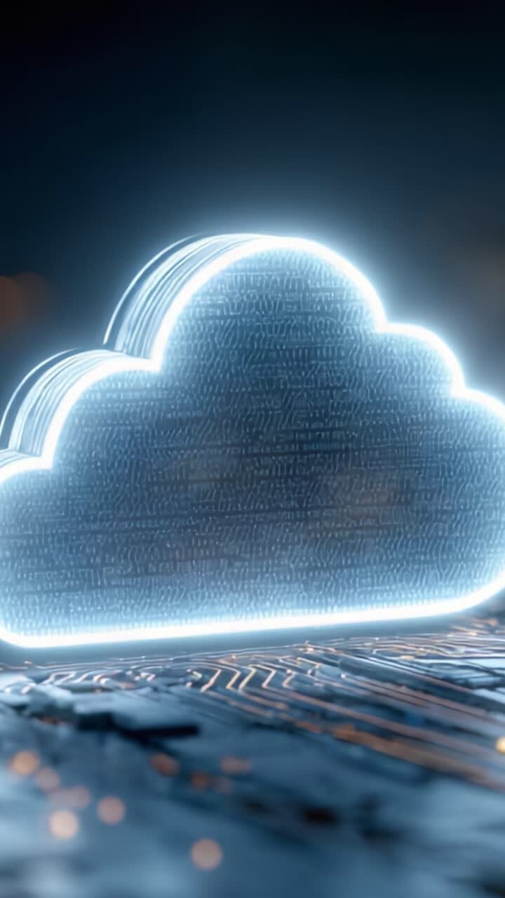 A Stunning Visualization of a Glowing Cloud Symbol Enriched with Circuit Patterns, Representing Advanced Digital Storage and Data Connectivity Innovations