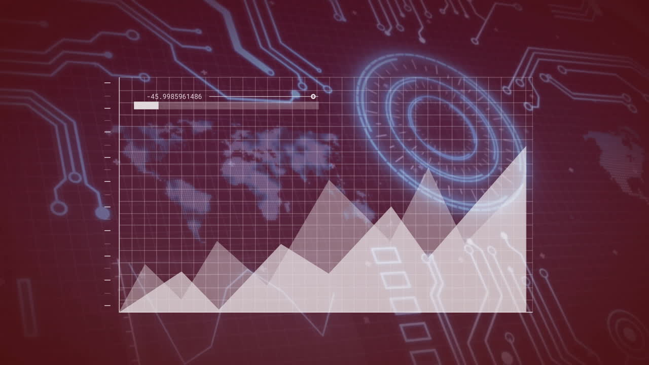 gráfico con tendencia creciente sobre el mapa mundial digital y la animación de la placa de circuitos