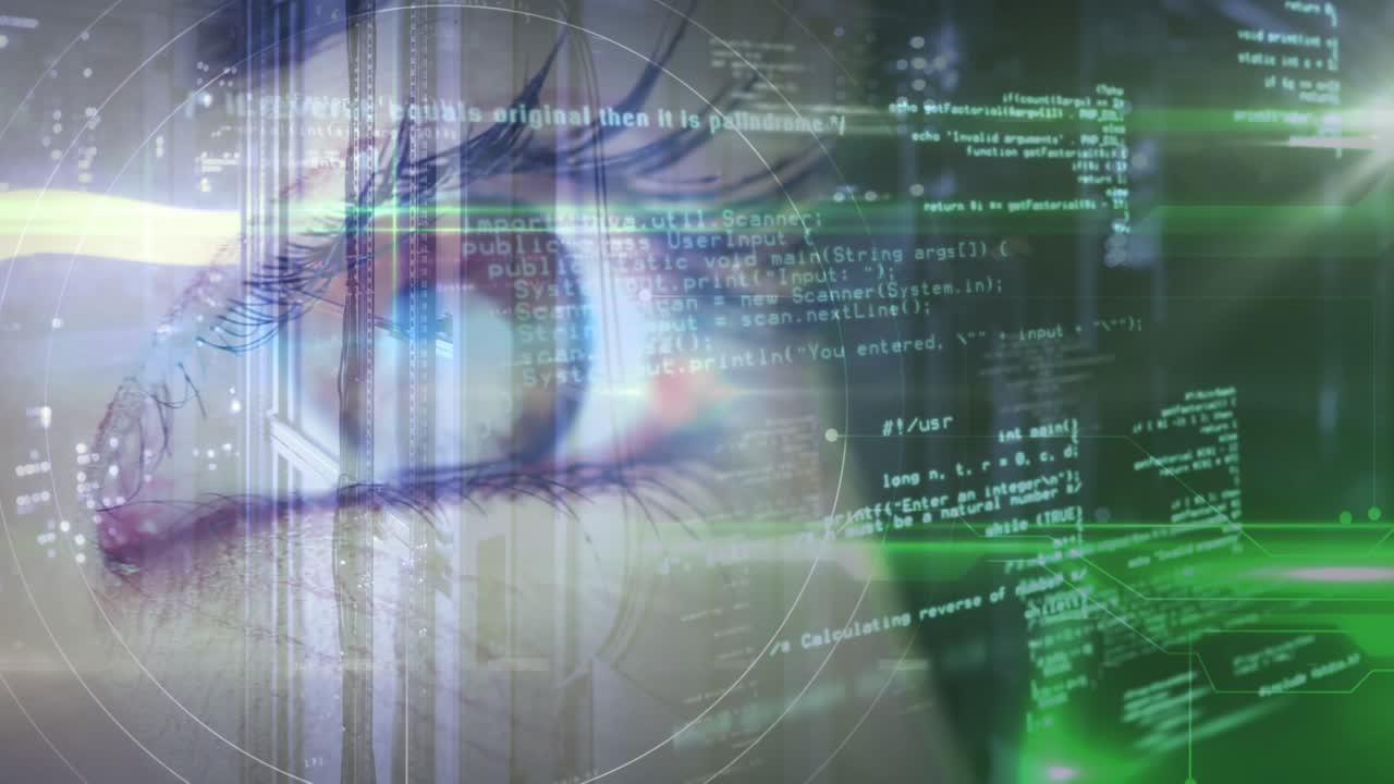 Animation of data processing and eye over server room