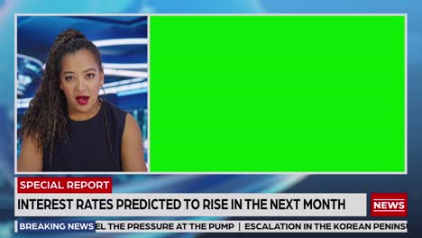 split screen tv news live report: female anchor talks, reporting. reportage montage with picture in picture green screen, side by side chroma key. television program channel playback. luma matte