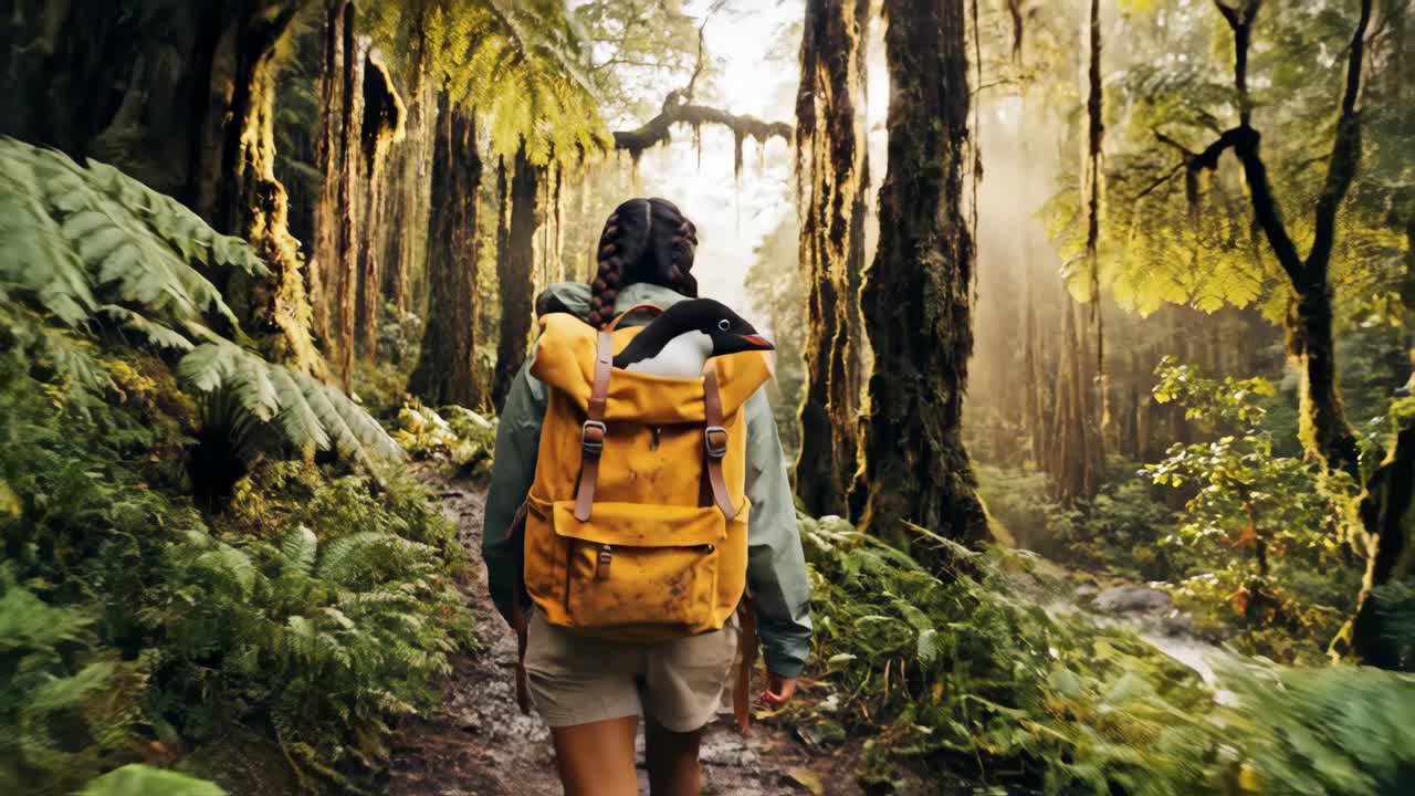 Penguin in a Backpack Exploring a Forest