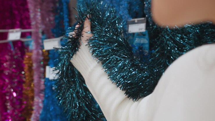 Primo piano di una giovane ragazza che si mette affettuosamente del festone blu scuro intorno al collo, godendosi l'atmosfera festosa in un negozio splendidamente decorato e pieno di vivaci decorazioni natalizie