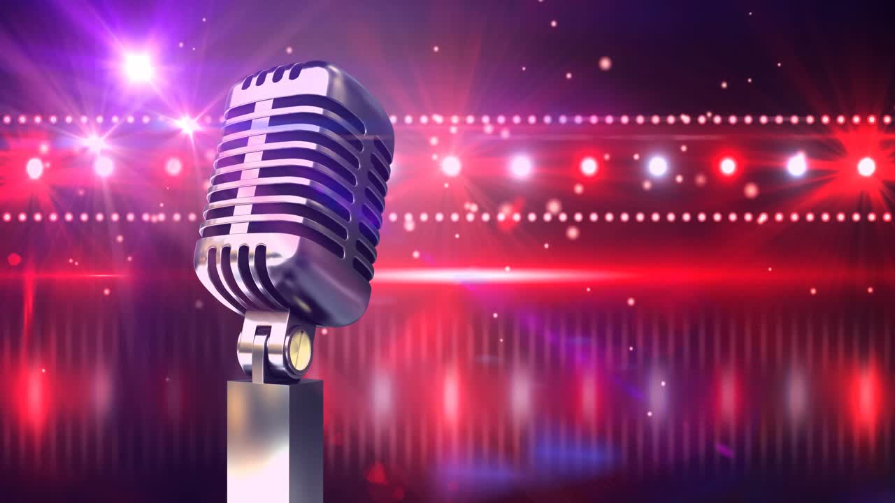 다채로운 반 ⁇ 이는 배경 위에 레트로 마이크의 애니메이션