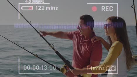 Animation-of-video-recording-interface,-with-happy-father-and-daughter-on-boat-fishing-in-the-sun
