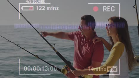 animation of video recording interface, with happy father and daughter on boat fishing in the sun