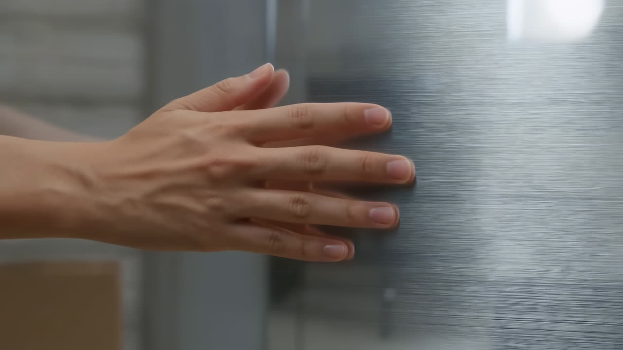 Primo piano di una mano che tocca una superficie di vetro smerigliato, delicata pressione del polpastrello che esplora la texture spazzolata, luce interna soffusa