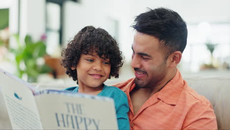 father, son and book for storytelling on sofa