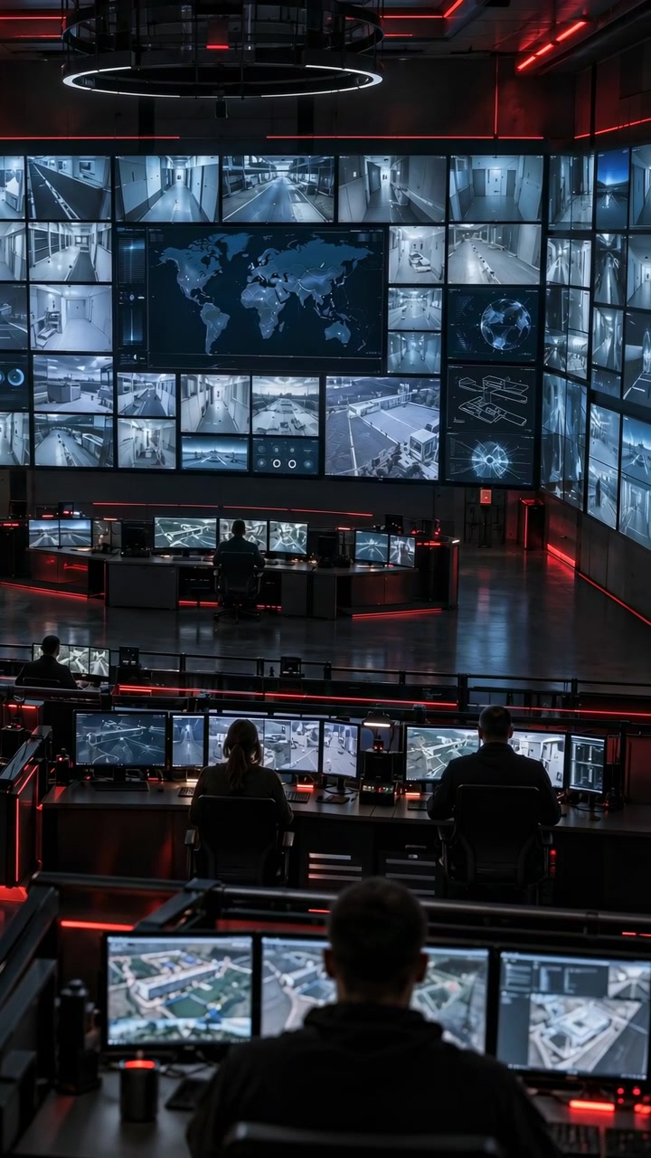 Rows of seated figures face multiple desktop monitors while a wall of surveillance views fills the background, with cool blue screens, red light strips, and a polished dark floor.