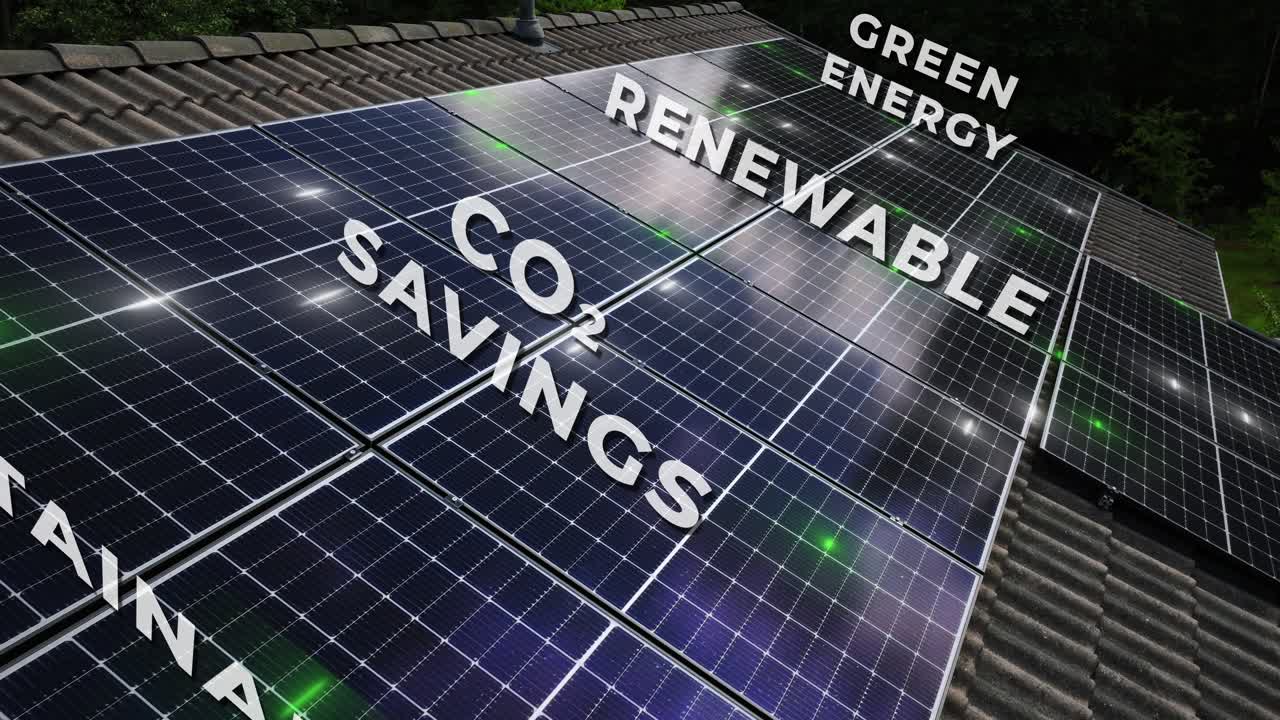 Testo 'energia verde, rinnovabile, risparmio CO2, sostenibile' su pannelli solari sul tetto di una casa