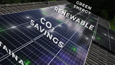 green energy, renewable, co2 savings, sustanable text on solar panels house roof