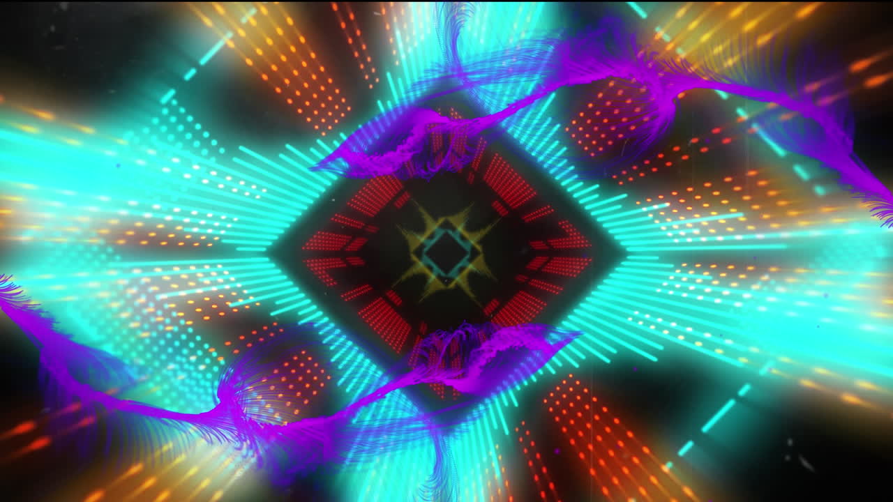 animazione di una scia di luce viola sopra un tunnel al neon incandescente