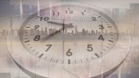 animation of moving clock over street and cityscape