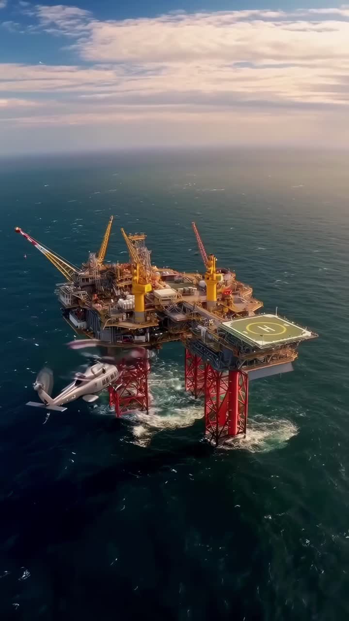 Luftvideo af en offshore olieplatform med en helikopter, der lander, og som viser en fantastisk havudsigt