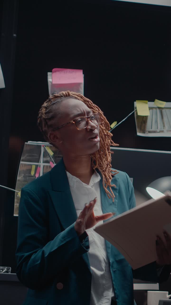 Vertical video: Police office assistant reading case file for detective