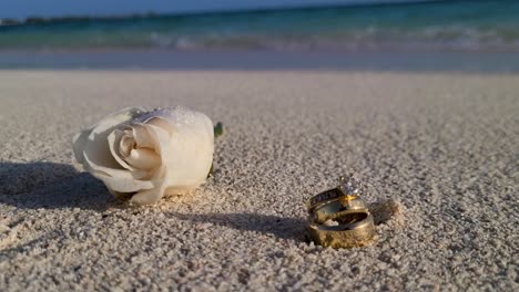 Cerrar-Flor-De-Rosa-Blanca-Y-Anillo-De-Bodas-En-La-Playa-De-Arena,-Concepto-De-Playa-De-Bodas