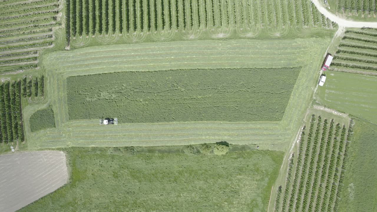 vista superior aérea de la pradera de siega del tractor, tierras de cultivo en el tirol del sur