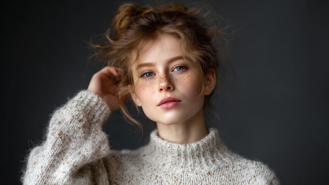 A Captivating Portrait of a Young Woman with Freckles and Beautiful Eyes, Wearing a Cozy Sweater Against a Softly Lit Background, Evoking a Mood of Intimacy and Connection