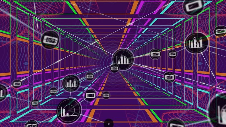 Animation of network of connections with icons over abstract neon tunnel on purple background