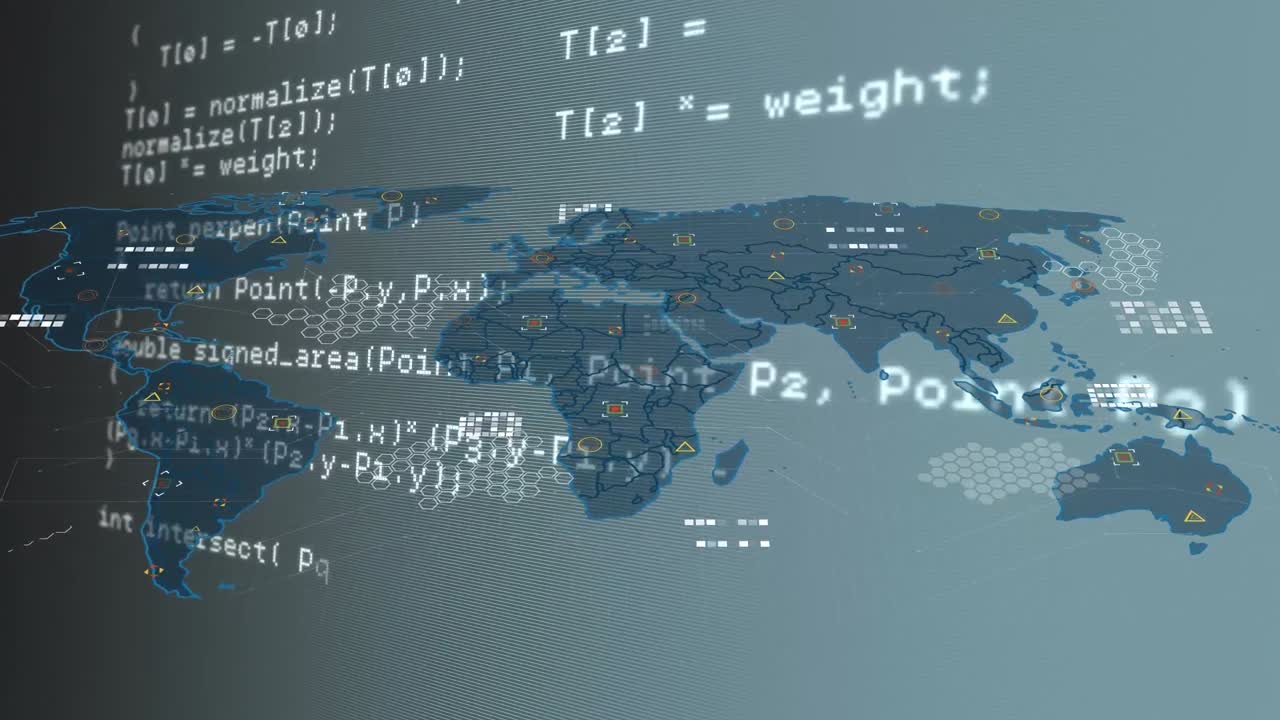 회색 배경에 있는 세계 지도 위의 데이터 처리의 애니메이션