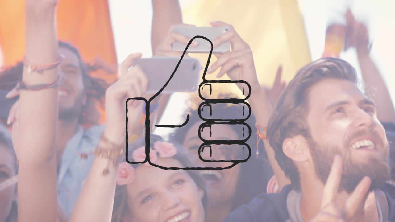 pulgares hacia arriba icono contra un grupo de personas bailando en un concierto