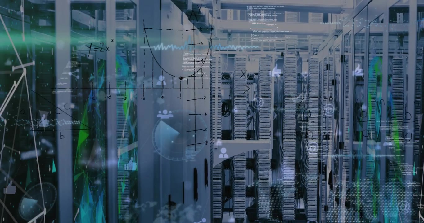 Computer servers globally process data for digital interfaces.