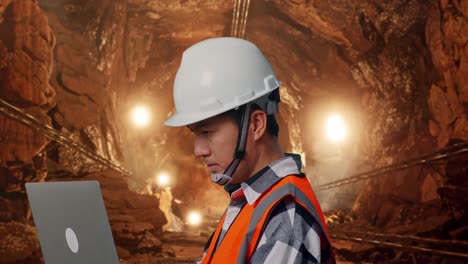 close up side view of asian male engineer with safety helmet working on a laptop while standing in underground mine tunnel