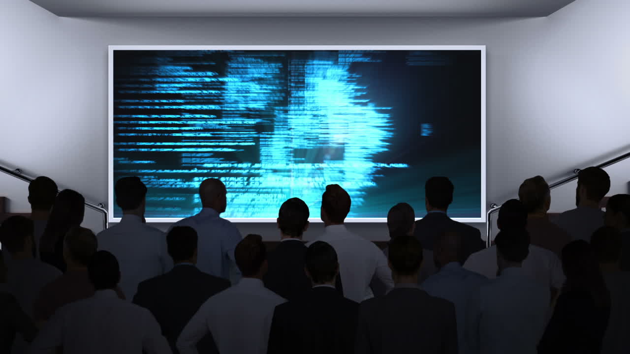 Business people watching data matrix on screen
