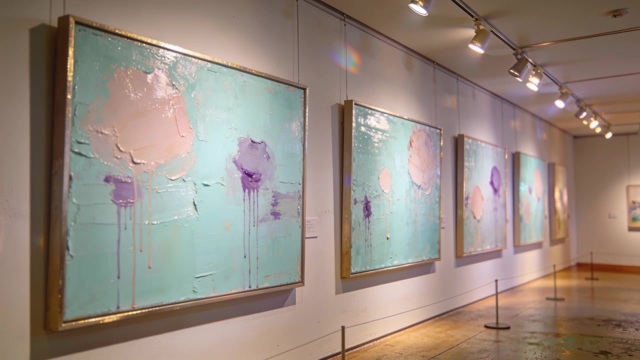 Caméra panoramique le long d'un mur de galerie, révélant une œuvre d'art sarcelle à gauche, un cadre doré, montrant l'exposition, espace pour le texte