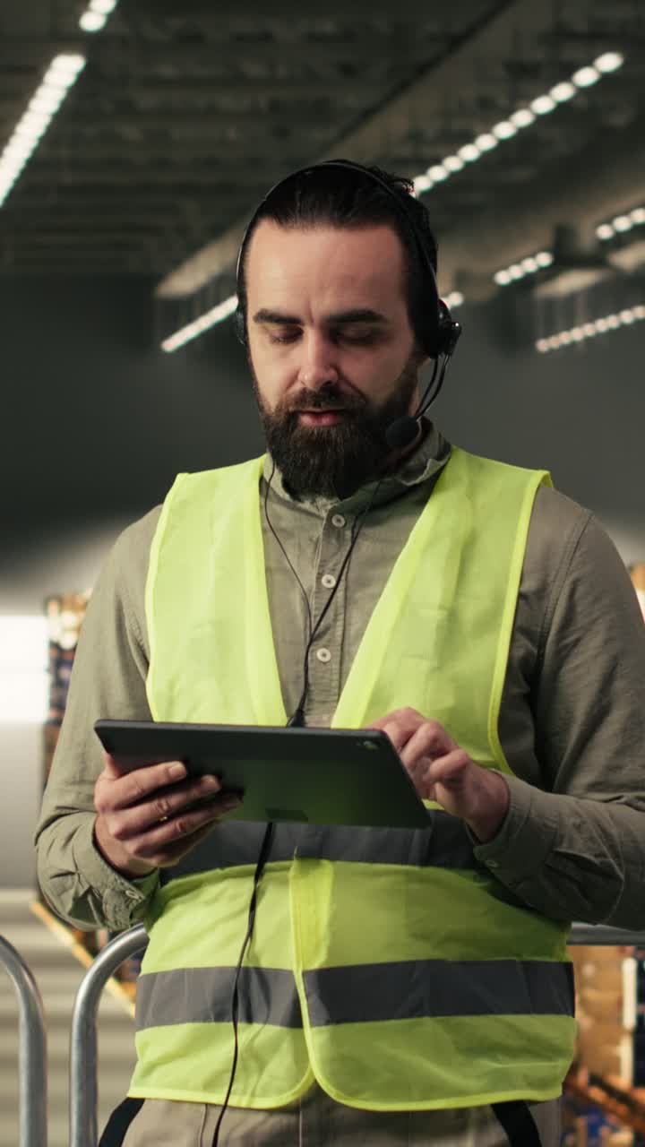Video verticale. Dipendente industriale che utilizza informazioni di tracciamento delle polizze aeree su tablet in un hub di distribuzione.
