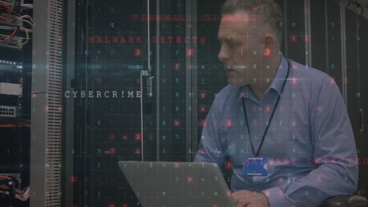 Animation of data processing with cyber attack warning over technician and computer server