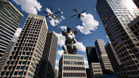 giant mouse in a city with helicopters