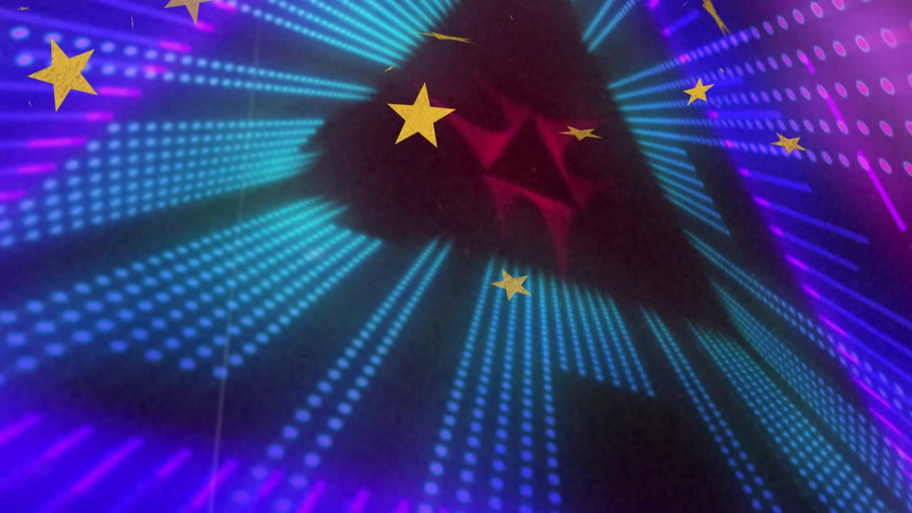 Camera drifting forward rotating, revealing neon triangle void, gold stars floating, showing tunnel