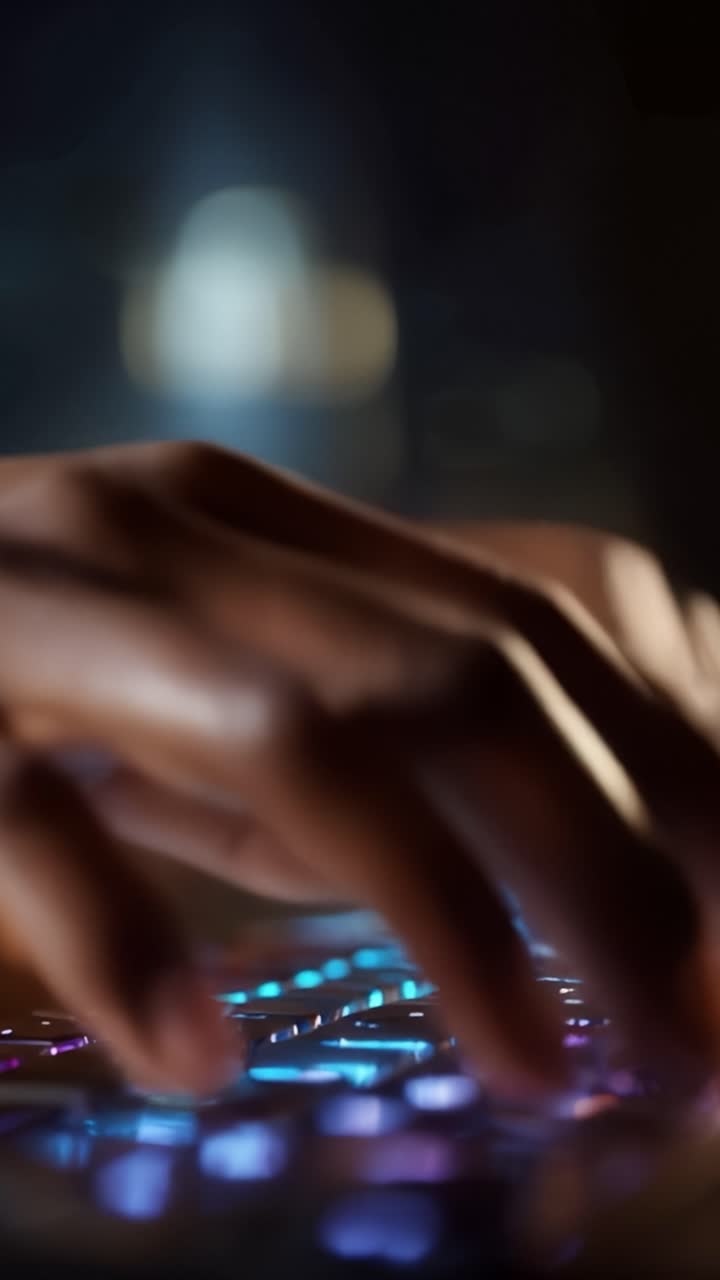 Fængslende nærbillede af hænder, der skriver på et farverigt baggrundsbelyst tastatur, der fremviser dynamikken i moderne digital interaktion og teknologisk engagement
