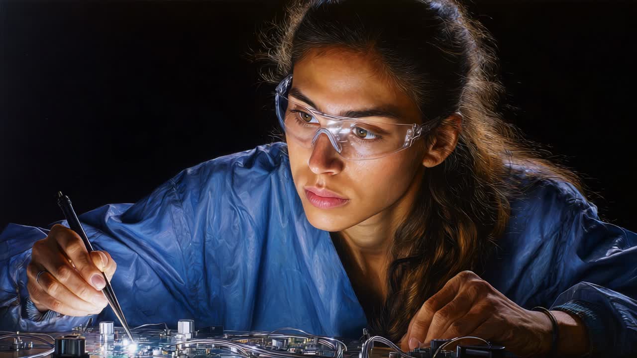 Focused Engineer in Laboratory Attire Analyzing Electronic Components with Precision at Night, Utilizing a Tool with Intent to Innovate and Collaborate on Cutting-Edge Technology Solutions