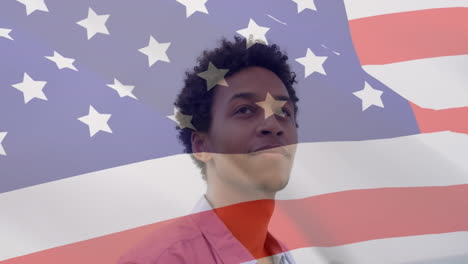 animation of wavy usa flag over happy african american men