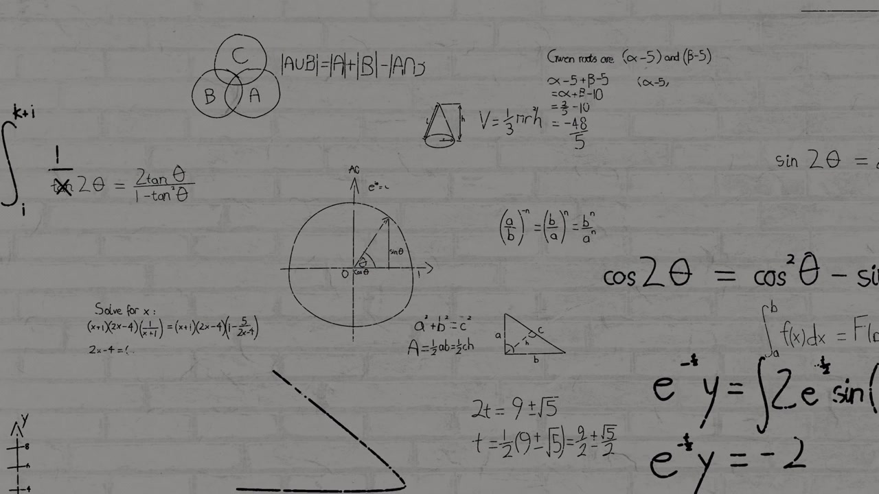 Animation of mathematical formulas over grey texture background