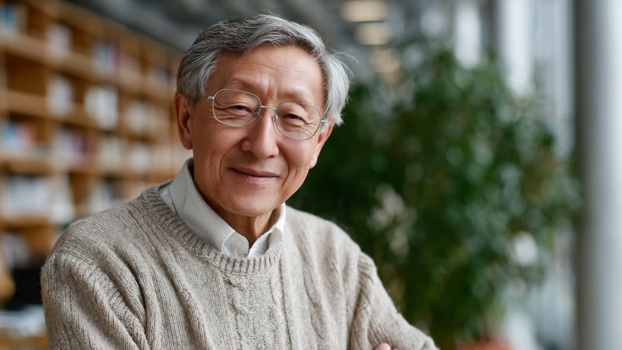 A Portrait of Wisdom: An Elderly Man with a Warm Smile Sitting in a Library Surrounded by Nature and Knowledge, Reflecting a Life Rich in Experience and Learning